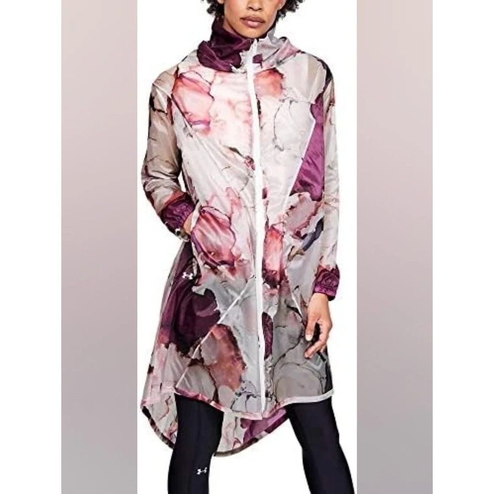 Under Armour Windbreaker Womens M Purple Floral High Low Lightweight Rain Jacket